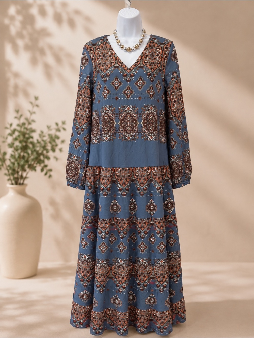 Bohemian Tiered Maxi Dress - Blue Paisley Print (No Brand) NWT